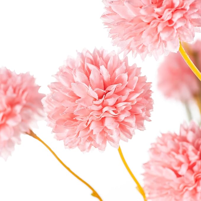 6 Artificial Silk Flowers + 3 Eucalyptus, Artificial Chrysanthemums with Stems for Home Decor, Pink