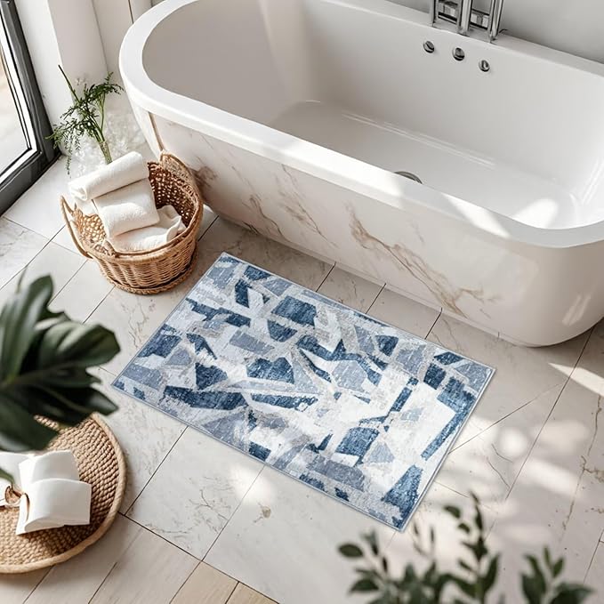 Modern Abstract Door Mat Indoor Entrance 2X3 Blue Rug Washable, Non-Slip Small Rugs for Entryway Bathroom Ultra-Thin, Throw Carpet for Kitchen Bedroom Nursery Kids Print Faux Wool