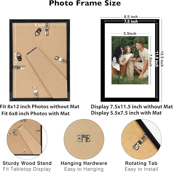 12 Packs 8x12 Picture Frames, Display 6x8 with Mat or 8x12 Without Mat, Gallery Wall Frame Set, 8 by 12 Frames Bulk Set of 12 Collage Wall Decor Photo Frames Set for Wall and Tabletop, Black