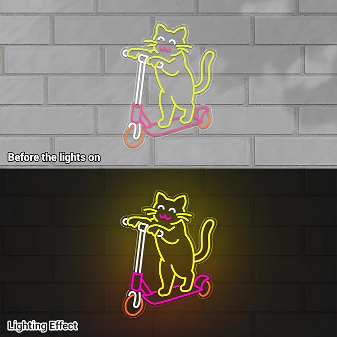 Cute Cat Neon Sign, Skateboard Neon Signs for Wall Decor Dimmable USB Room Decor for Teen Girl, Party, Bedroom, Pub, Furniture, Gifts for Birthday, Christmas (Skateboard Cat-Yellow)