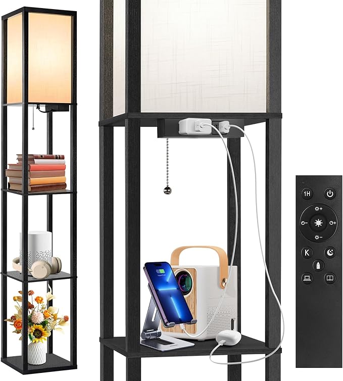 OUTON Floor Lamp with Shelves, Dimmable Shelf Floor Lamp with Remote, 1USB & 1 Type C Ports, 1 Power Outlet, Modern Standing Lamp with 4 Color Temperature for Living Room, Bedroom, Matte Black