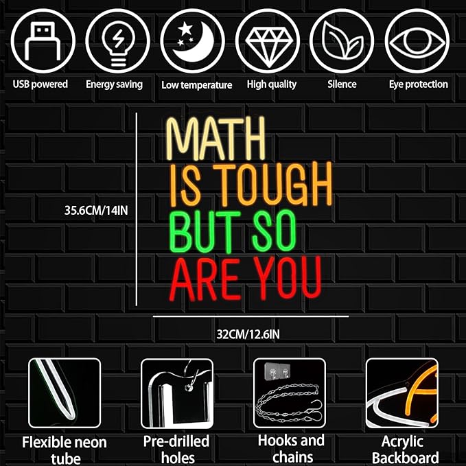 Math Is Tough But So Are You Neon Sign for Classroom, Inspirational Colorful Math Neon Light Dimmable Student LED Light up Signs for Classroom, Kid Room, Office, Library Decoration