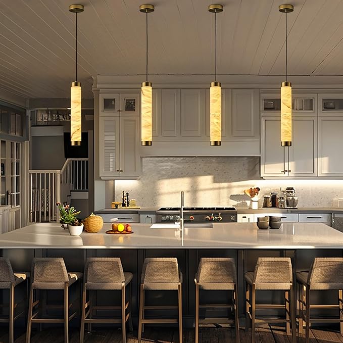 20" Alabaster Pendant Lights, 2PCS Natural Marble Cylinder Brass Pendant Light, Adjustable Modern Ceiling Light Fixtures for Kitchen Island, Dining Room, Bedroom, Living Room, Bathroom