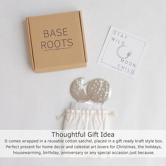 BASE ROOTS Moon Phase, Silver Wall Decor for Bedroom & Living Room, Bohemian Wall Decor, Handmade Hammered Metal 34" 7 Phases Moon, Celestial Wall Art, Gift for Women & Kids