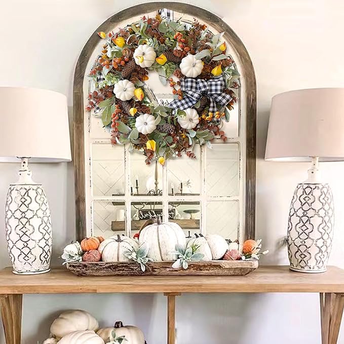 WANNA-CUL 24 inch Large Farmhouse Fall Wreath Decor for Front Door with White Pumpkin,Cotton,Lamb's Ear and Eucalyptus Leaves,Harvest Door Wreath for Autumn or Thanksgiving Decorations