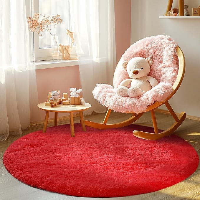 Round Fluffy Rug for Bedroom Red: 4ft Red Soft Furry Rug for Bedroom- Fluffy Fuzzy Round Area Rugs for Living Room- Small Bedside Plush Carpet for Nursery, Birthday Decor, Spiderman Carpet