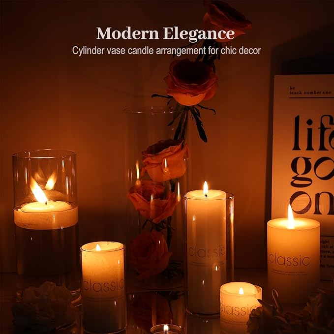 16 Pack Glass Cylinder Vases 4, 6, 8, 10 Inch Tall Clear Flower Vases for Table Centerpieces Wedding Decoration, Hurricane Floating Candle Holder for Party Home Decor