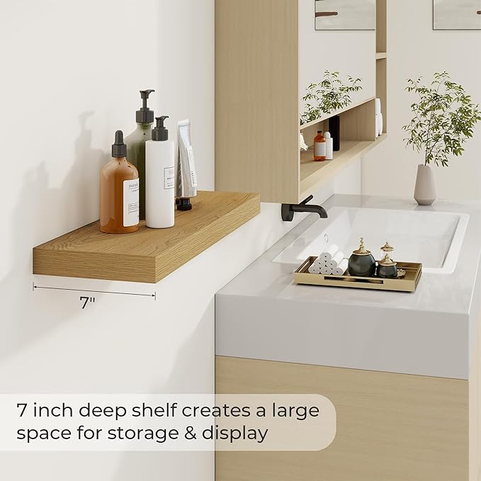 Dreamland 24 inch Floating Shelves Long Floating Shelves for Wall Large Wall Mounted Shelves with Invisible Brackets, Oak Shelves for Bathroom, Living Room, Kitchen, Office, 24x6.7 inch deep Set of 2