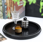 Round Black Wood Serving Tray with Beads, Wooden Decorative Tray for Entertaining, Decoration, and Gifting,