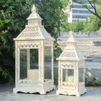 NEEDOMO Lanterns Decorative Outdoor & Indoor, Set of 2 Outdoor Lanterns for Porch,Large Square Candle Lantern, Beige Metal Frame with Glass for Fall, Christmas