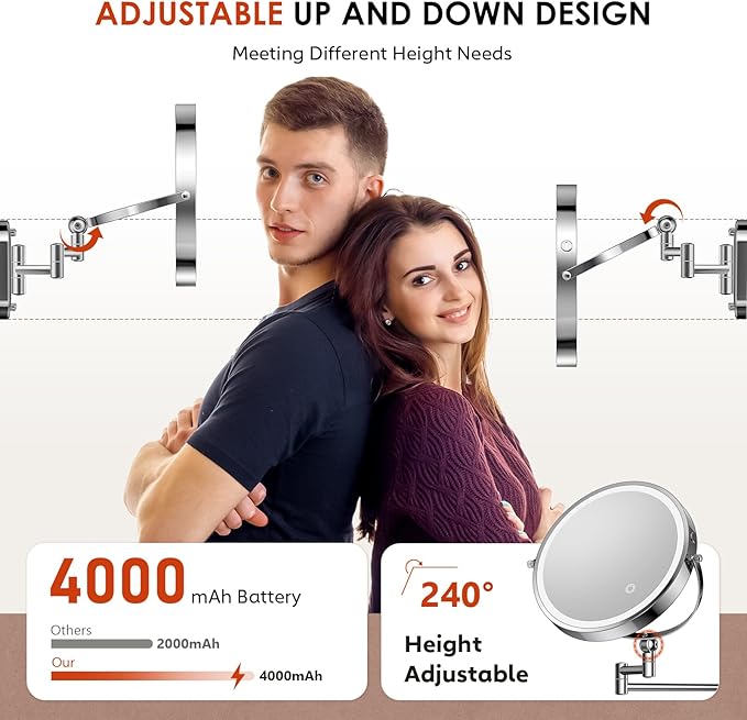 9" Wall Mounted Lighted Makeup Mirror,4000mAh Rechargeable Double Sided 1X/20X Magnifying Mirror with Light,Touch Dimmable,Extended Arm 360 Rotation Wall Mounted Makeup Mirror 3 Color Lights