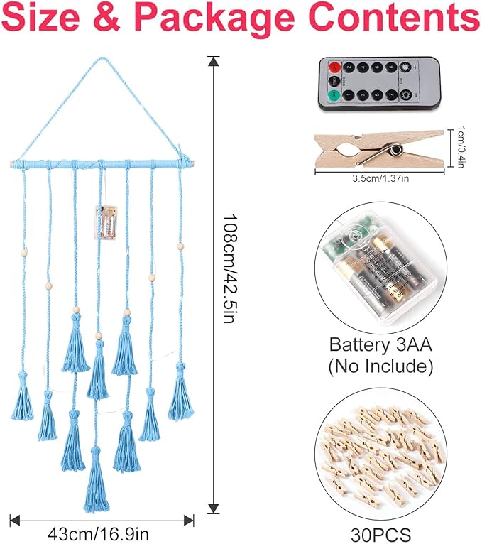 Homecor Hanging Photo Display Wall Decor, Blue Macrame Hanging Boho Room Bedroom Decor, Picture Frame Collage with Light & 30 Clips, Christmas Teenage Teen Girl Gifts Ages 10 11 12 13 14 Years Old
