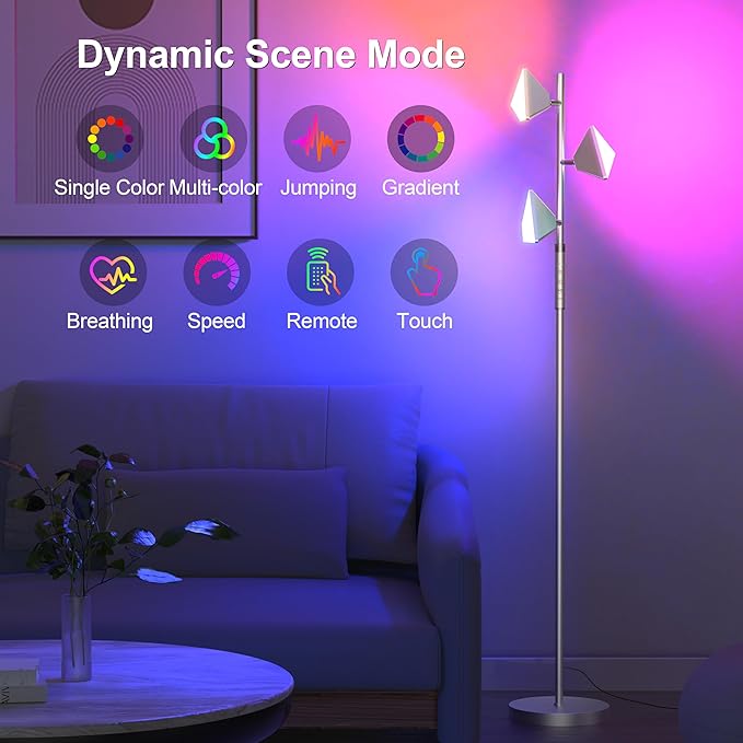 PARTPHONER RGB Tree Floor Lamp for Living Room, Stepless Dimmable Tall Standing Lamp with Remote, Touch Control and 3 Rotatable Light, Bright LED Lights for Bedroom with 4 Color-Changing, Sliver
