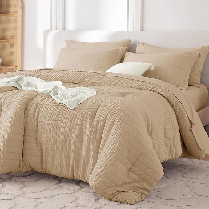 MUXHOMO 7 Pieces King Comforter Set, Seersucker Bed in a Bag King Size, All Season Luxury Bedding Set with Comforter, Flat Sheet, Fitted Sheet, Pillowcases & Shams, Khaki