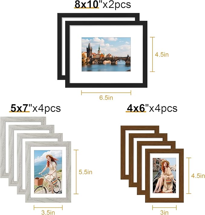 decorUhome Picture Frames Collage Wall Decor for Photo Gallery Display, Assorted Picture Frames set of 10 Including Two 8x10 / Four 5x7 / Four 4x6 for Family Wall Decor, Black/Brown/Grey, 10 Pack