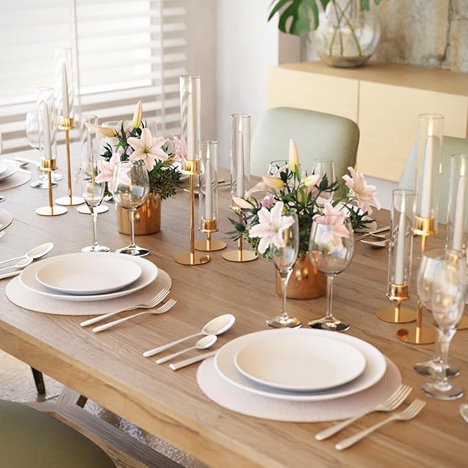 21 Pack 23.6 & 21.7 & 19.7 in Tall Gold Hurricane Candlesticks Holder with Glass Cylinder Cover - Candle Holders for Table Centerpiece (Gold)