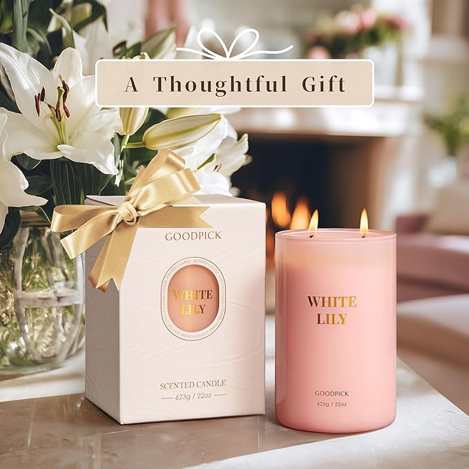 Goodpick Scented Candle White Lily, Soy Wax 22oz Long Burning 120H, Fresh Floral Citrus & Woody Musk, Home Aromatherapy Candles