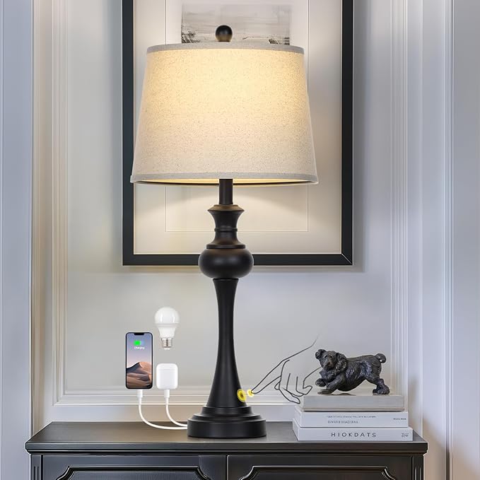 28.75" Black Modern Table Lamps for Living Room, Bedside Lamp with USB A+C Ports & AC Outlets, 3 Way Dimmable Touch Lamps for Living Room,Nightstand Lamp LED Bulb Included (1Pack