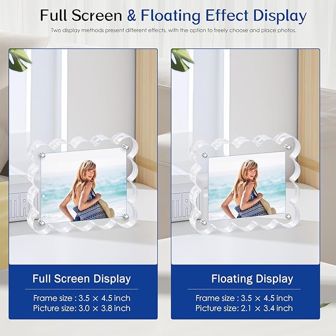 2Pack Magnetic Acrylic Picture Frames 2×3 Inch - Scalloped Glass Frame with 10+10mm Thick Block, Double Sided Clear Frames for Desktop Display | Trendy Home Gift (2 Pack, 2×3)