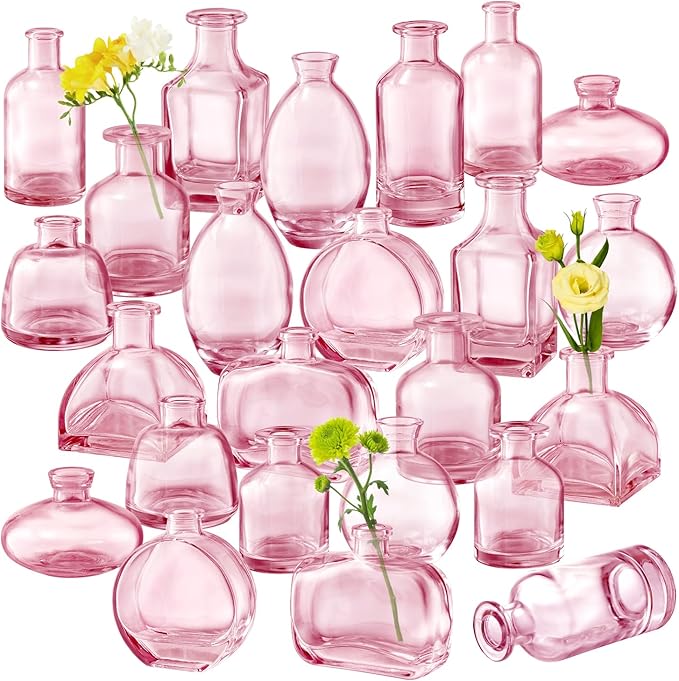Pink Bud Vase Set of 24 - Small Glass Vase for Flowers, Bulk Mini Vases for Rustic Wedding Decor, Glass Vases for Centerpieces, Floral Arrangements, Clear Bud Vase