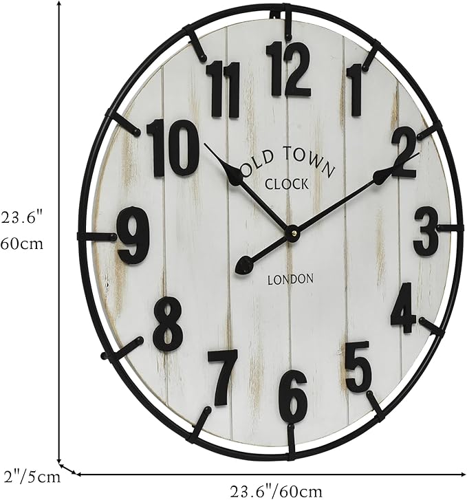 Large Old Town Farmhouse Wall Clock – 24 Inches Rustic Antique Wood with Metal Circle and Large Numerals, Silent Battery Operated Clock for Office, Kitchen, Bedroom, Living Room (Washed White)