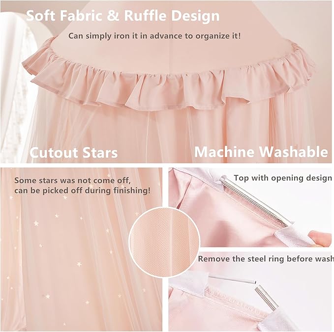 Eimilaly Princess Bed Canopy for Girls, Double Layer Canopy with Cutout Stars, Breathable Dream Canopy & Washable Pink Fabric, Fits Twin/Full Bed - Fairy Bed Tent for Kids Room Decor, Pink