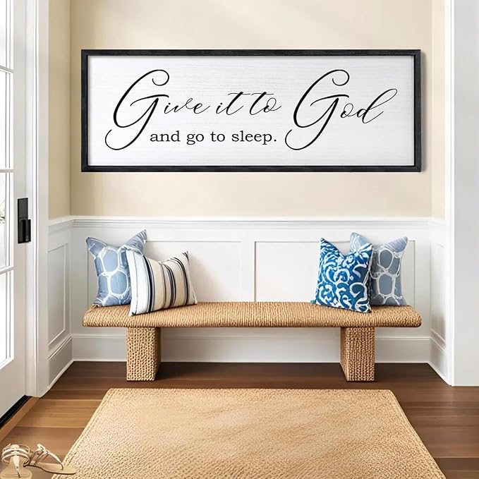 Give It To God And Go To Sleep Sign Wall Decor 40x15 Inch Large Farmhouse Master Bedroom Above Bed Hanging Wall Art Rustic Guest Room Wood Framed Over Bed Wall Decoration (Black)