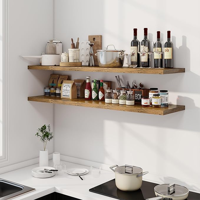 Dreamland 55" Floating Shelves for Wall, 12" Deep Slim Rustic Brown Floating Shelves, Wall-Mounted Shelves for Bedroom, Living Room, Kitchen, Bathroom - Set of 2