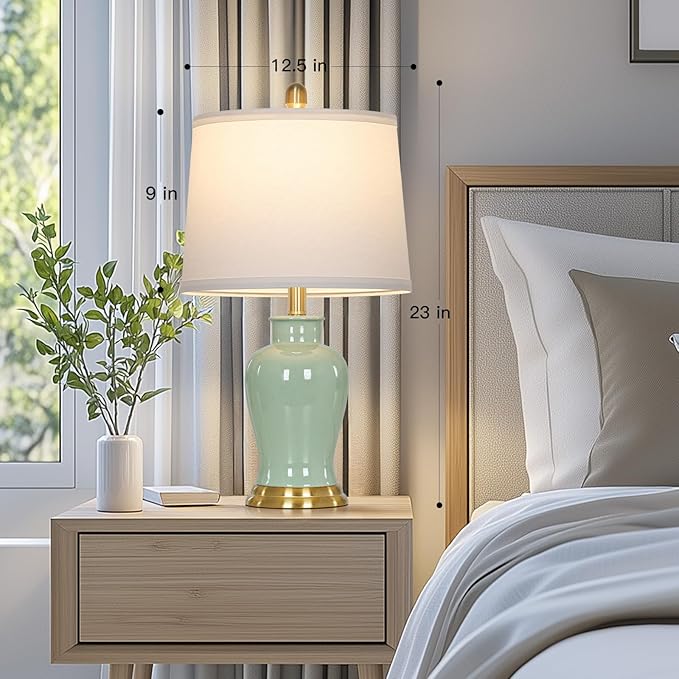 Green Ceramic Lamps Set of 2, 23" Modern Table Lamps for Living Room, Classic Bedside Lamp with Ginger Jar Design, Elegant Bedroom Lamp for Night Stand Desk Side End Table Home Decor
