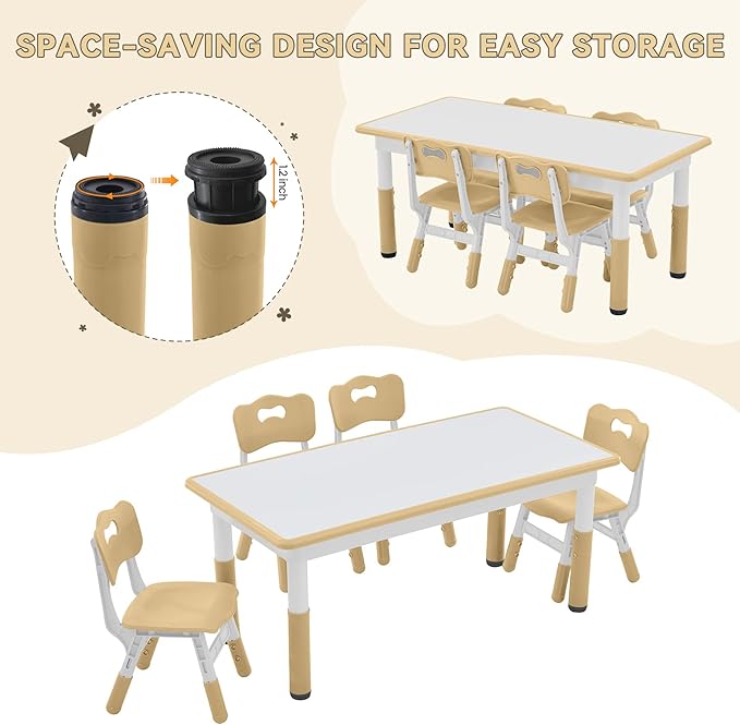 Kids Study Table and Chairs Set, Height Adjustable Toddler Table and Chair Set for Kids Ages 3-8, Graffiti Desktop (Light Brown)