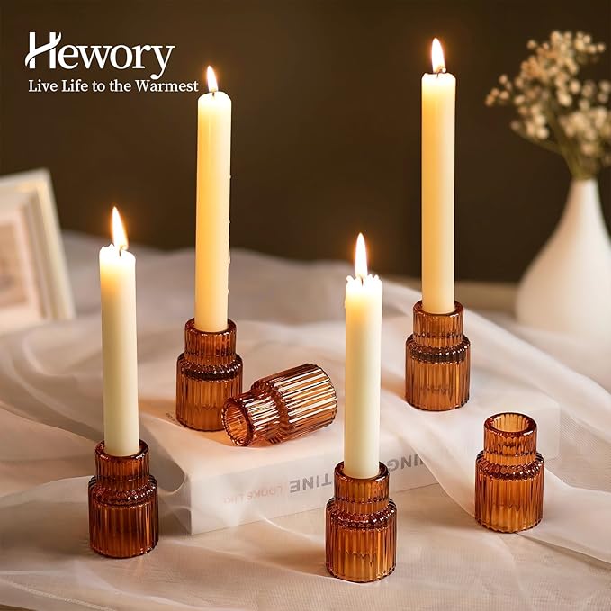 Hewory Glass Taper Candle Holders: 20 PCS Amber Elegant Candle Holder Candlestick Holders Bulk, Ribbed Glass Candle Holder Candle Sticks Holder Decor for Table Centerpiece Fall Thanksgiving Home Decor