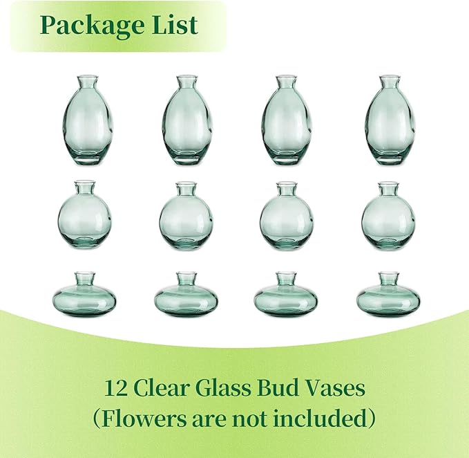 Glass Bud Vases Set of 12, Hewory Cute Green Small Vases Handmade, Mini Glass Flower Vase for Floral Arrangement, Tiny Centerpiece for Home Office Wedding Party Events Table Decor (Not Include Flower)