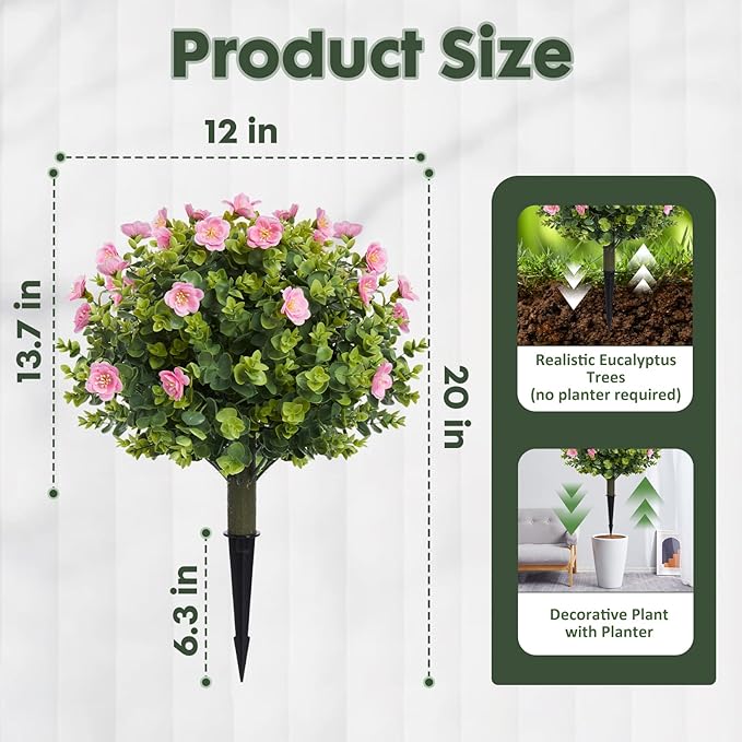 Set of 2 Artificial Pink Camellia Eucalyptus Tree Garden Stakes 20" Height, UV Resistant Faux Floral Bushes with Metal Spikes, Realistic Fake Plants for Porch, Patio, Yard, Garden Outdoor Decor