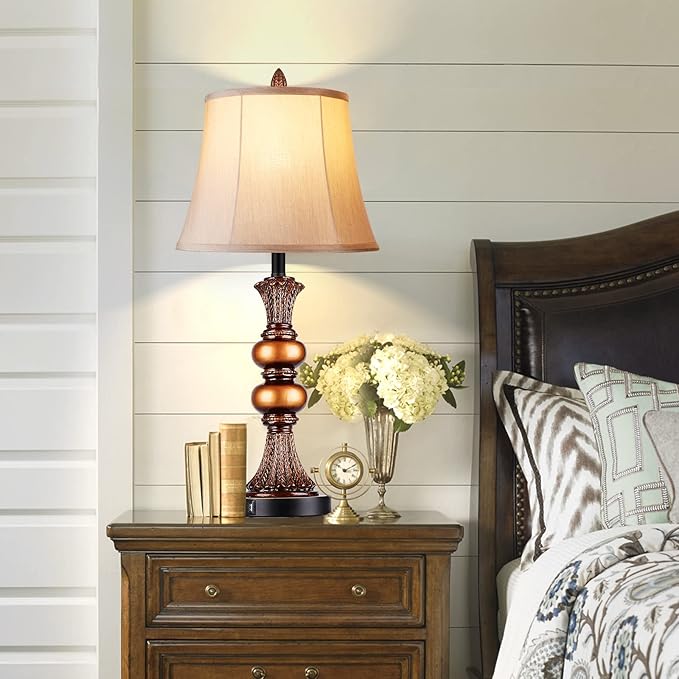 Set of 2 Touch Control Traditional Table Lamp, 27" H Bedside Lamps with 2 USB Charging Ports, 3-Way Dimmable Bronze Finish Large Nightstand Lamps with Bell Faux Silk Shade for Living Room, Bedroom
