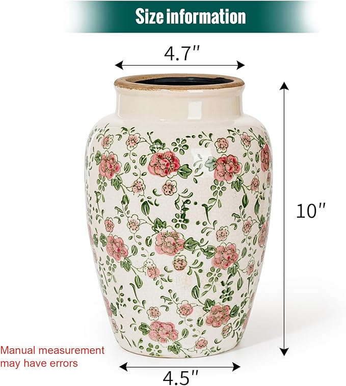 Sungmor Ceramic Flower Vase, Vintage Ice Cracked Glaze Porcelain Vase, Pretty Home Decor Vase for Flower Arrangement, Fresh Flowers, 10.2 Inch Tall Chinoiserie Pottery Vase, Pink Floral Pattern