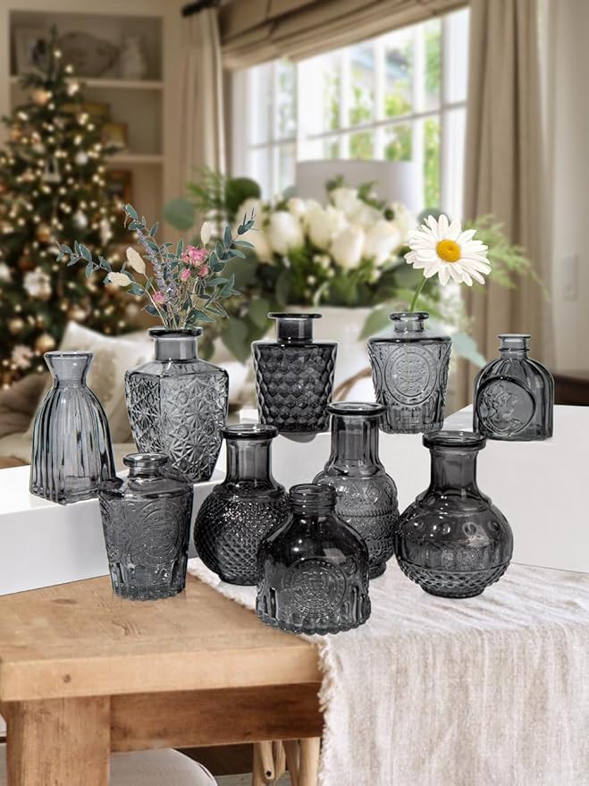 Glass Bud Vases Set of 10, Small Flower Vase in Bulk for Centerpieces, Mini Vintage Grey Vases for Rustic Wedding Vintage Home Table Decor