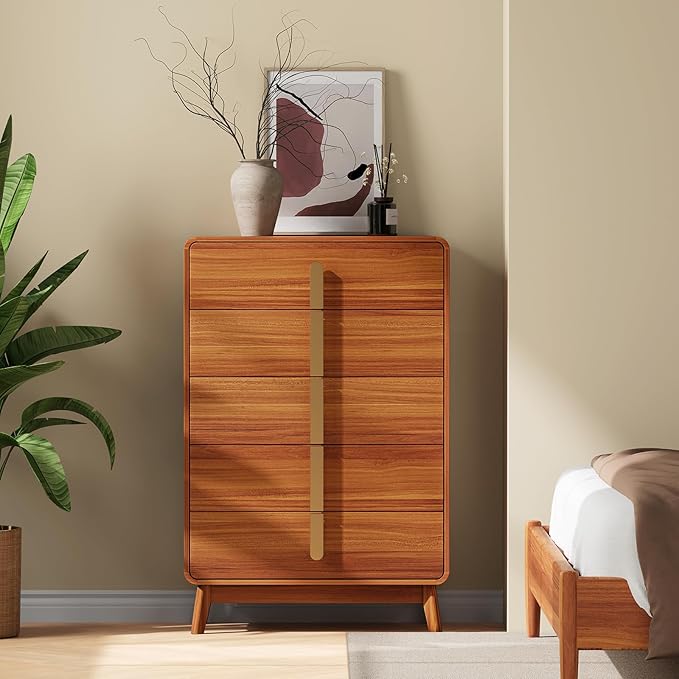 Dresser for Bedroom with 5 Drawers,Mid Century Modern Dresser with Storage,31" Modern Chest of Drawers with Metal Handles,Large Wood Drawer Organizer for Bedroom,Living Room,Hallway,Cherry