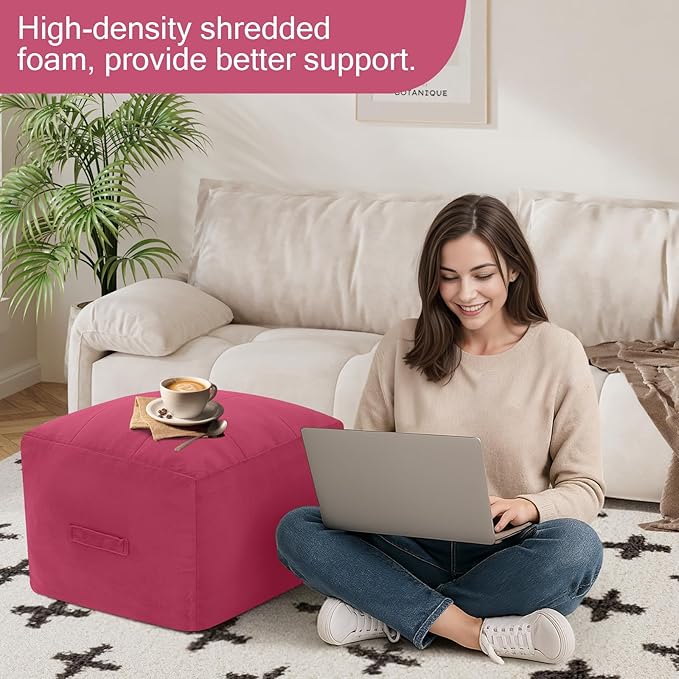 MeMoreCool Square Stuffed Pouf Ottoman Foot Rest, Floor Pouf Foot Stool with Foam Chunk Filling, Soft Stuffed Ottoman Footrest for Living Room, Magenta