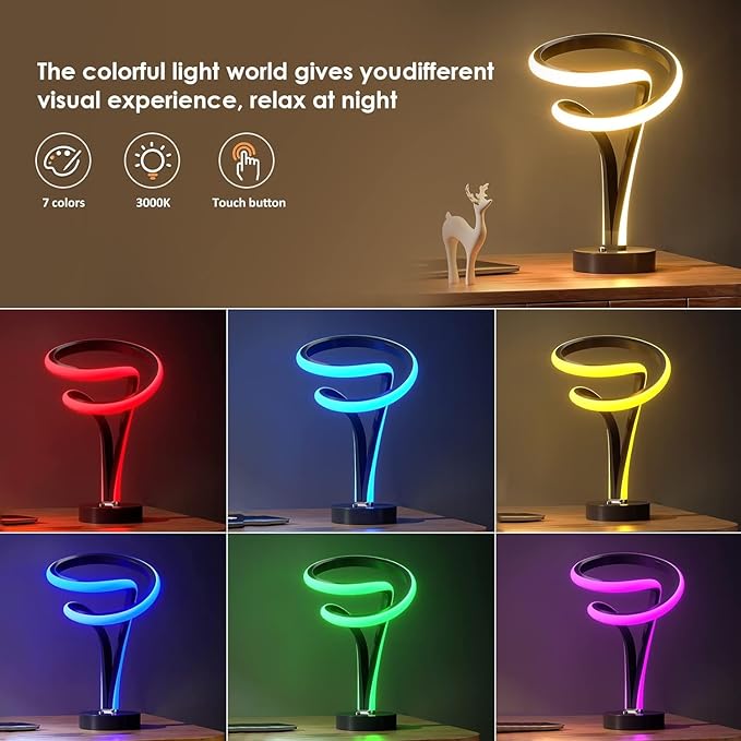 Spiral LED Table Lamp Set of 2-10 Color Modes, Touch Dimming, Modern Nightstand Lights for Bedroom & Living Room