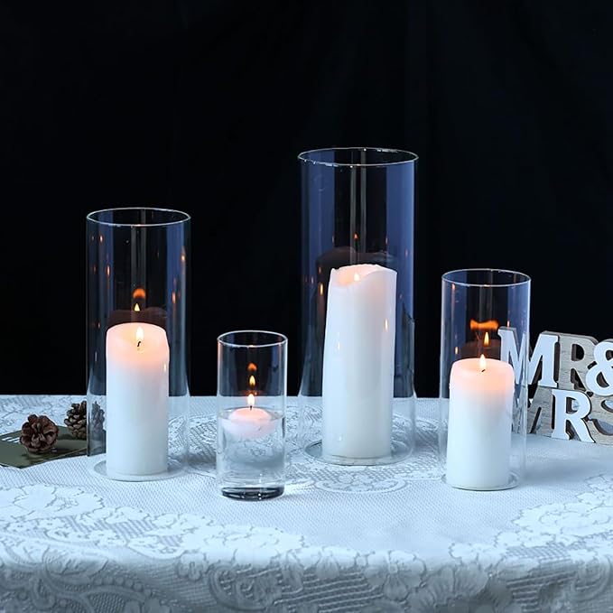 PHOSPHOR 12 PCS Glass Candle Holder, Hurricane Candle Hoder, Glass Pillar Candle Holder, Clear Cylinder Candleholder Cylinder Vase for Centerpieces Wedding Party Decoration