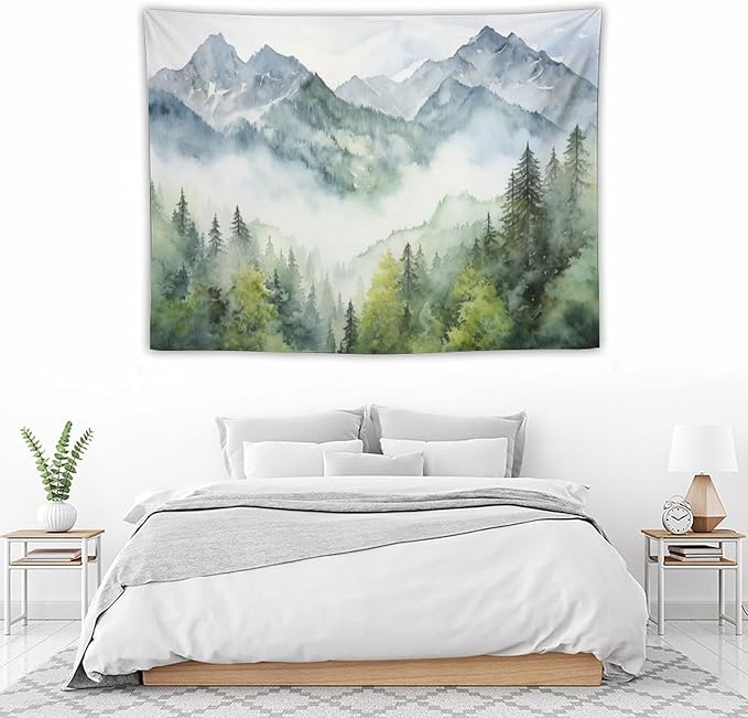 HZOHNAGO Mountain Tapestry Misty Green Forest Mountain Pattern Printed Wall Tapestry Wall Hanging for Bedroom Living Room Dorm 40" W x 30" H