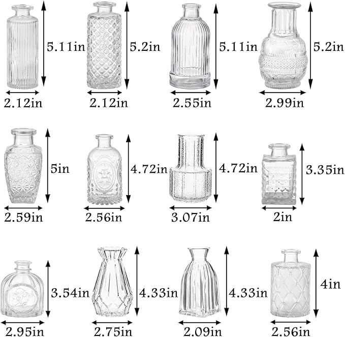 Bud Vases Set of 12, Small Glass Vases for Centerpieces, Small Flower Vases for Centerpieces, Vintage Mini Vase, Clear Bud Vase for Wedding Table Decor