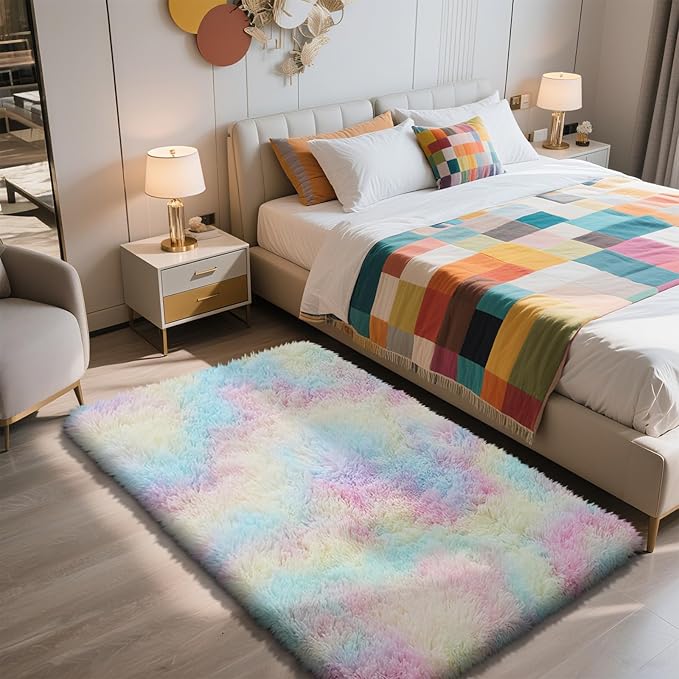 Shag Area Rug for Bedroom 3x5,Fluffy Area Rugs for Living Room,Soft Fuzzy Rug Non-Shedding Indoor Plush Carpet for Kids Bedroom Nursery Dorm Home Decor,Rainbow Purple