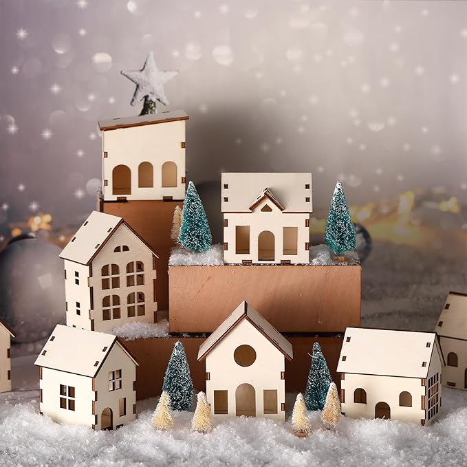 Hiboom 12 Pcs DIY Christmas Village Sets Wood Village Houses Christmas Mini Wooden House Gift for Winter Xmas Party Decorations