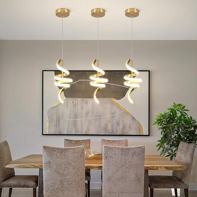 Spiral LED Pendant Light Fixtures, 15IN Modern Pendant Lights Adjustable Height 4000K Gold Kitchen Island Light Chandeliers for Dining Room Hanging Lights, 1 Pack
