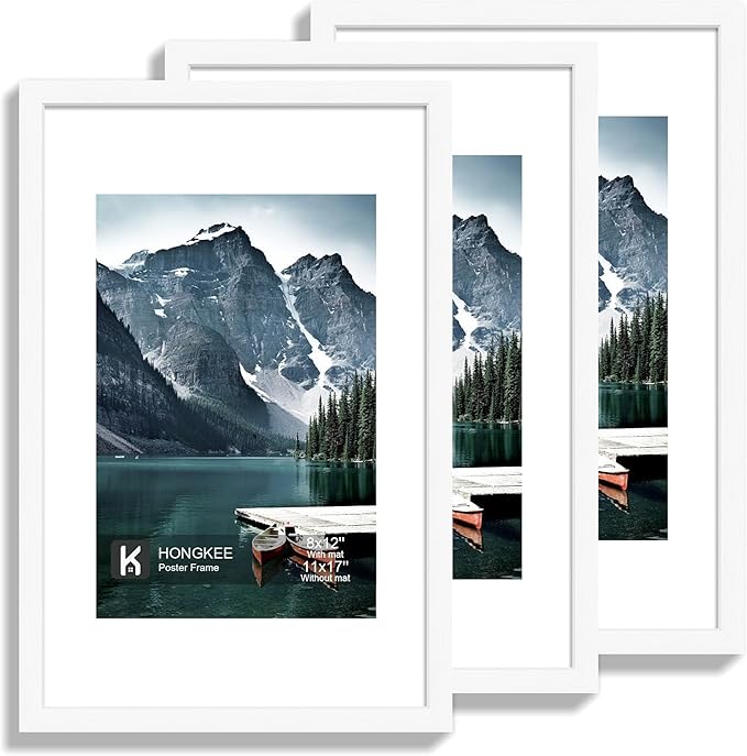 11x17 Picture Frame Set of 3 - Display 8x12 Photo with Mat or 11 x 17 Poster without Mat, Wall Mounting Horizontal and Vertical, White