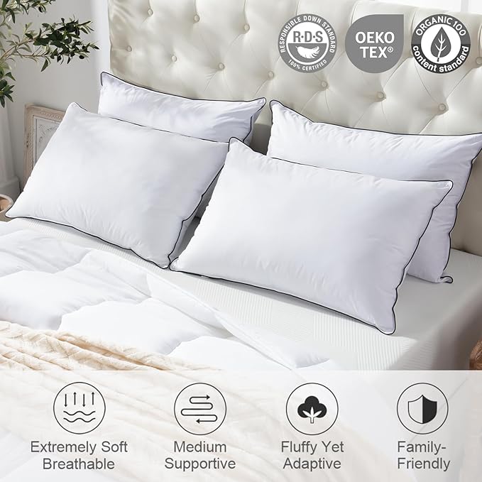 APSMILE Medium Firm Feather Down Pillows King Size Pack of 1, Luxury Goose Feather Pillow for Sleeping, 600TC/DM Organic Cotton Cover Hotel Collection Bed Pillows (White, 20"x36")