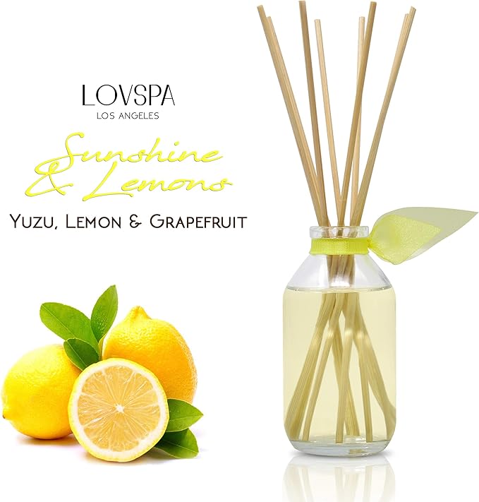 LOVSPA Reed Diffuser Set, Sunshine & Lemons Scented Oil Diffuser with Sticks, Home Fragrance Accessories for Bathroom Shelf Decor, Aroma Diffusers for Home or Office Desk, USA Made