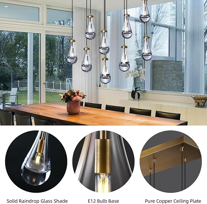 Raindrop 9-Light Chandeliers for Dining Room, Brass Teardrop Pendant Lights, Gold Living Room Lights Fixture, Modrn Pendant Light Kitchen Island, Adjustable Rope Hanging Lamp Ceiling for Living Room