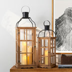 Glitzhome Set of 2 Oversized Farmhouse Wood Lanterns with Metal Top Decorative Hanging Candle Lanterns for Home Décor, Natural (No Glass)
